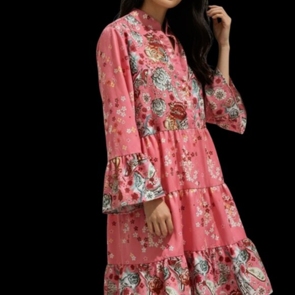 Shein Curve Long Sleeve Open V-neck Bohemian Dress-Size 2XL-Pink Floral - Picture 1 of 8